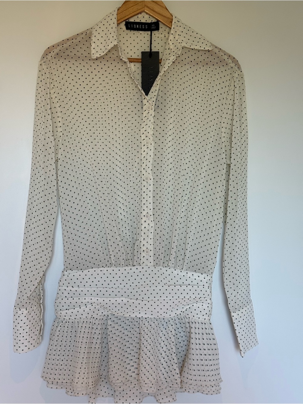 Lioness Cream and Black Micro Dot Long-Sleeve Peplum Dress